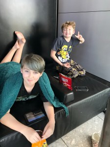 Kids stretching on bench